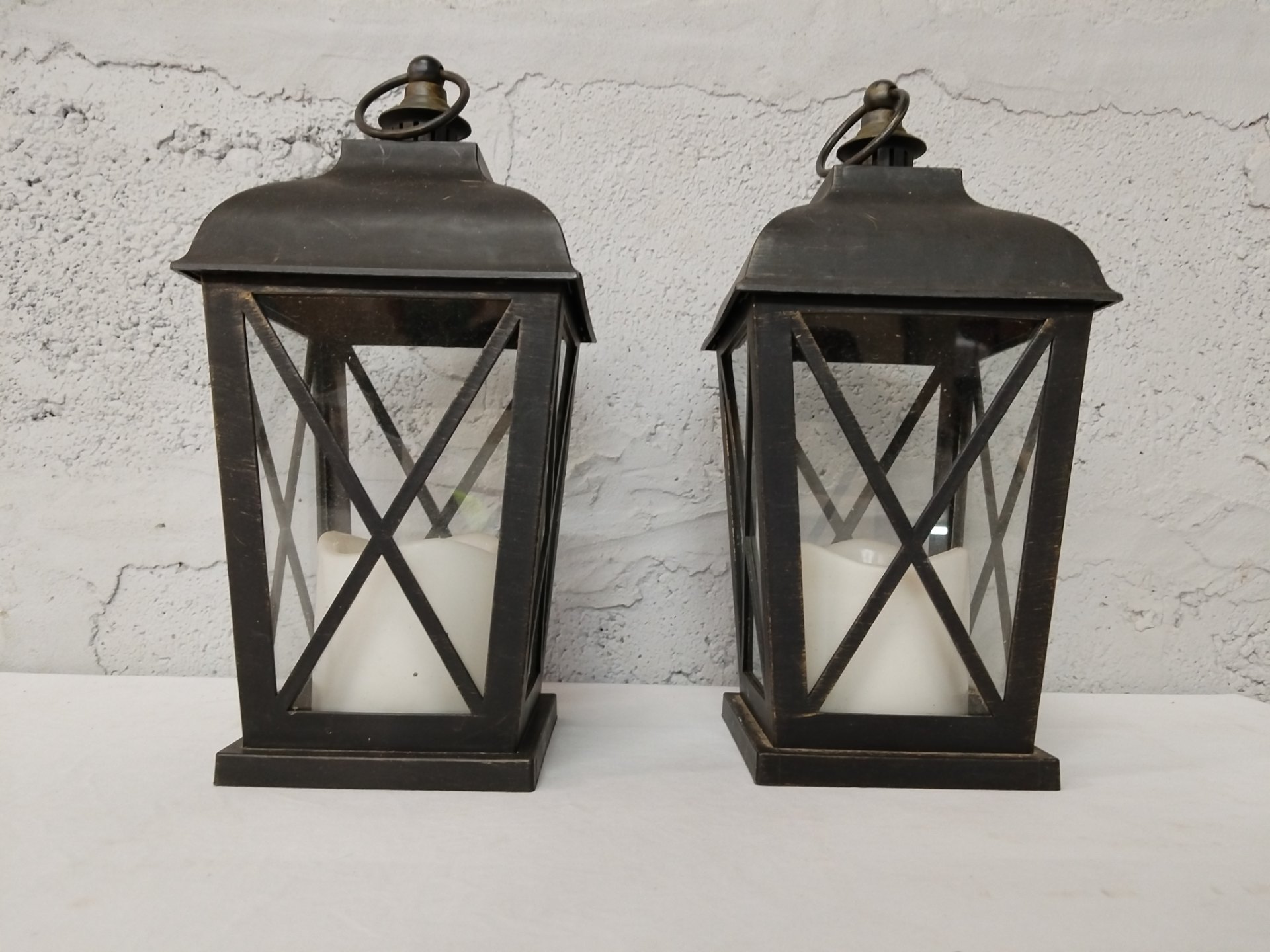 Pair of Metal Decorative Lanterns with Battery LED Pillar Candles — Working