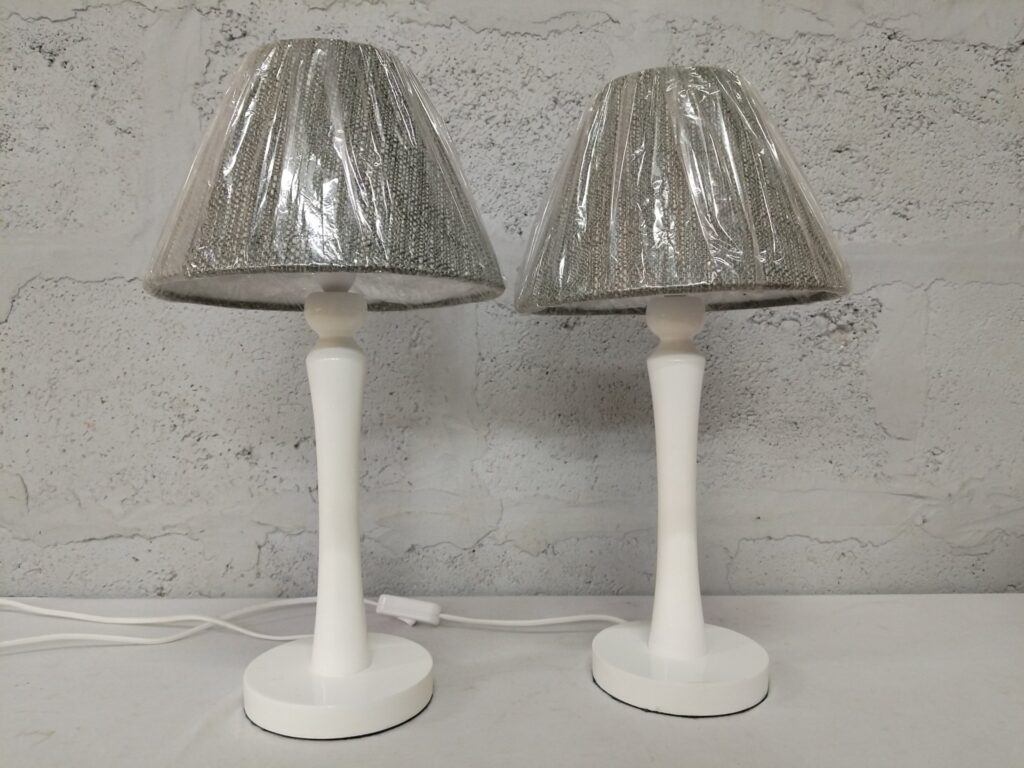 Pair of White Table Lamps with Grey Fabric Shades (45 cm) – Working, Bulbs Included