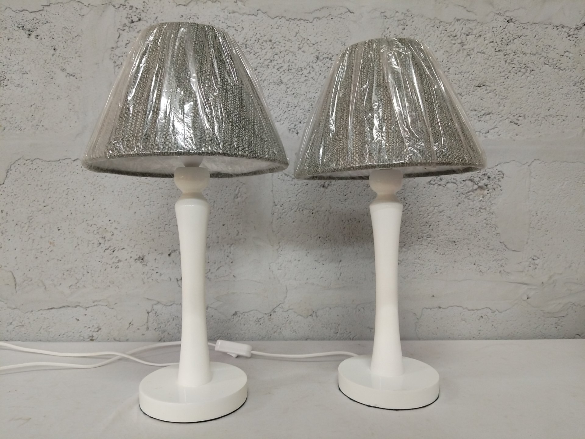 Pair of White Table Lamps with Grey Fabric Shades (45 cm) – Working, Bulbs Included