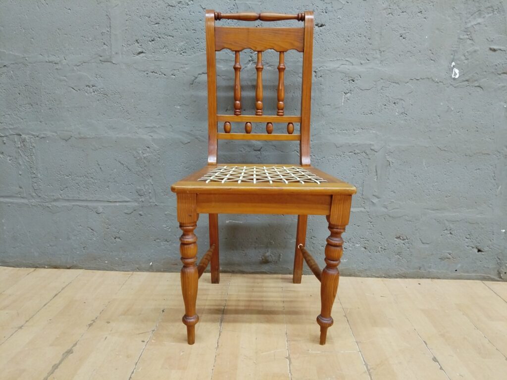 Turned-Leg Wooden Dining/Side Chair with Replaced Woven Seat — Stable, Some Damage