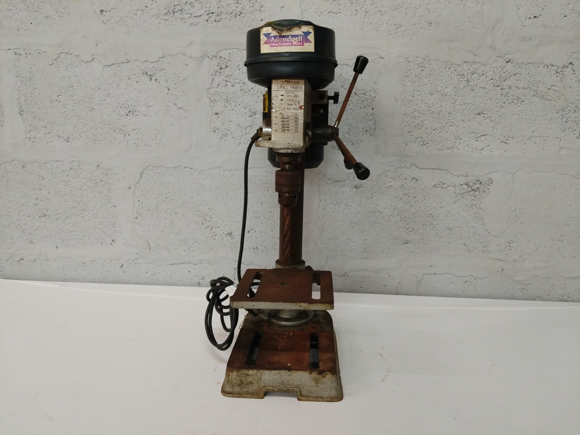 Small Bench / Pillar Drill Press — 350W 220V 1400RPM (motor label visible) — Working, heavy surface rust