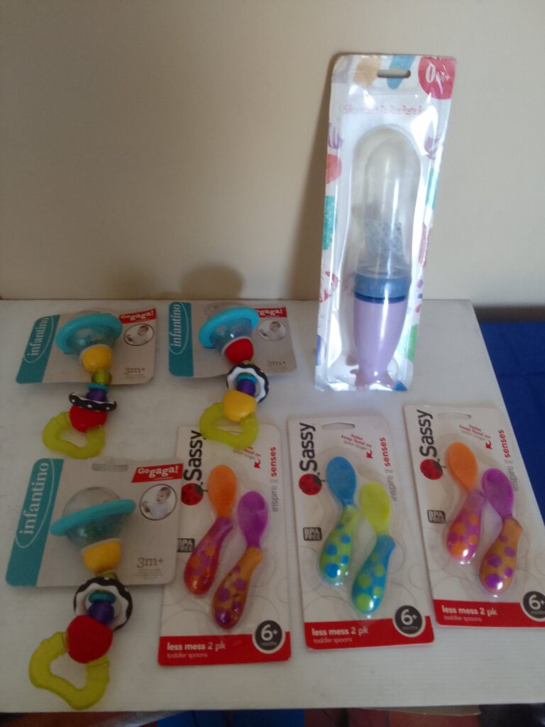 Mixed baby feeding & teething bundle – Sassy + Infantino items, sealed (7 pieces)