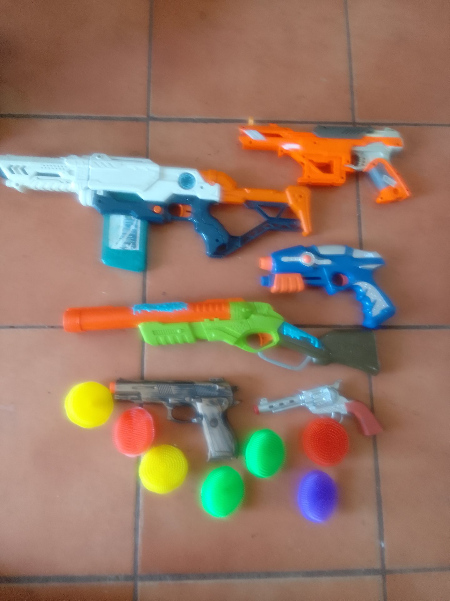 Lot of 13 Assorted Toy Blasters, Pistols & Textured Foam Balls — Used, Some Parts Missing (Untested)