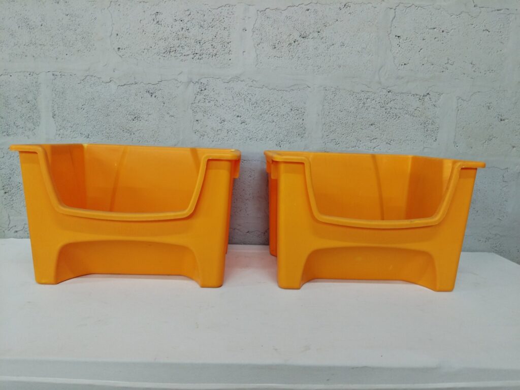 Pair of Orange Plastic Stacking Storage Bins — Used, Cosmetic Wear