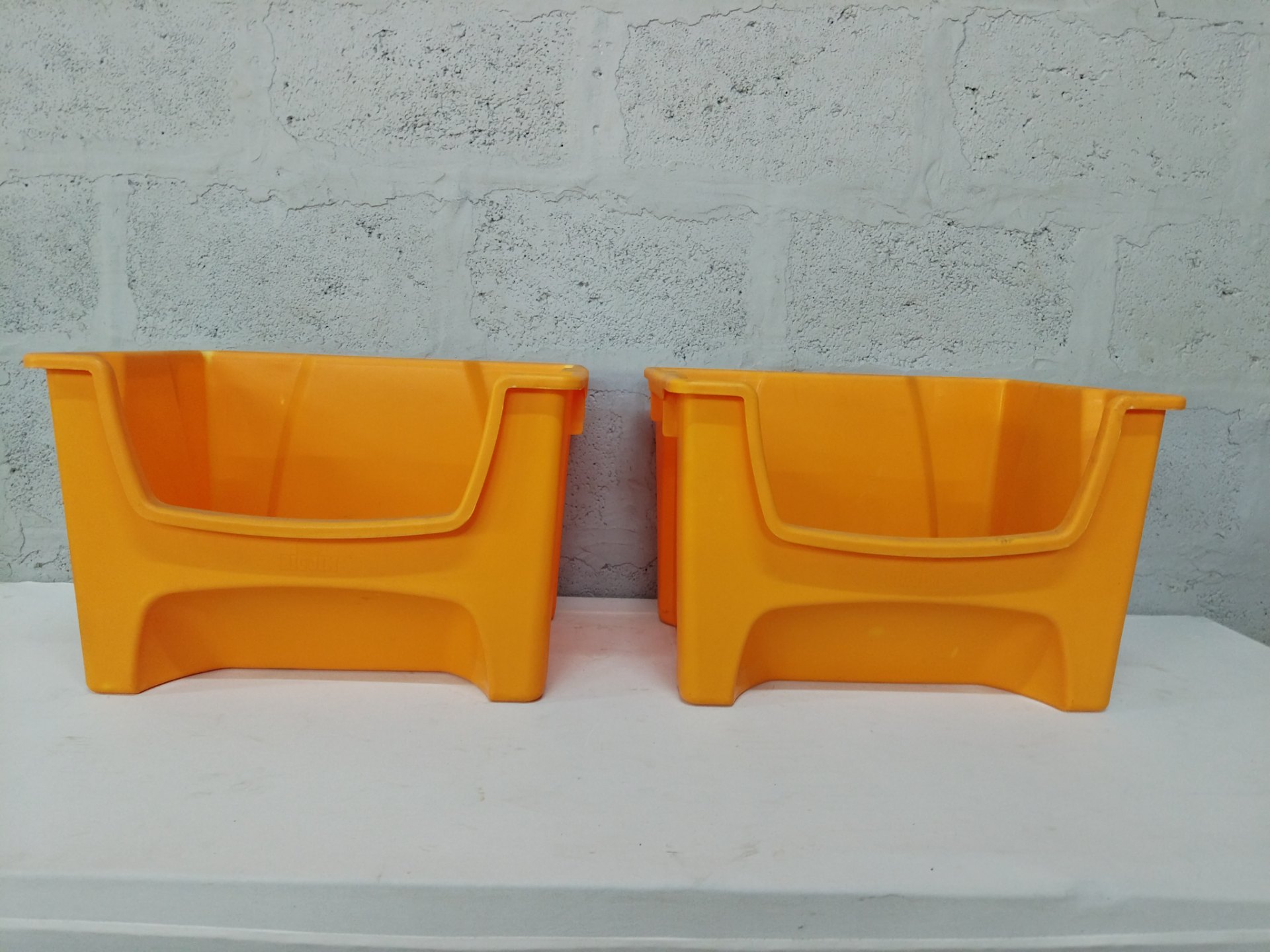 Pair of Orange Plastic Stacking Storage Bins — Used, Cosmetic Wear