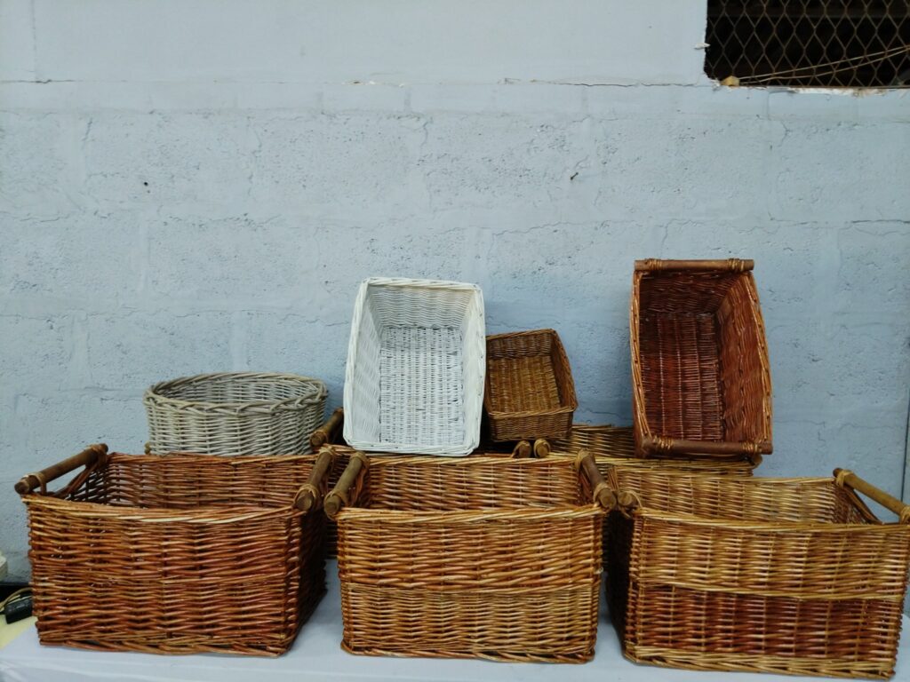 Lot of 9 Assorted Wicker/Woven Baskets — Mixed Shapes, Wooden Handles, Used Condition