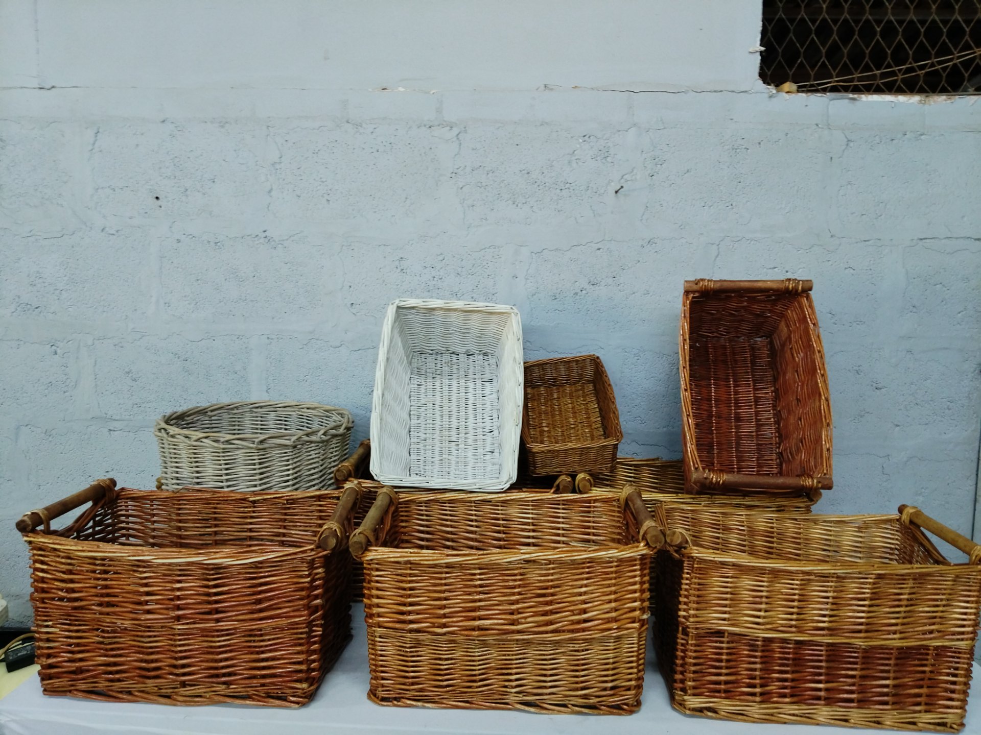 Lot of 9 Assorted Wicker/Woven Baskets — Mixed Shapes, Wooden Handles, Used Condition