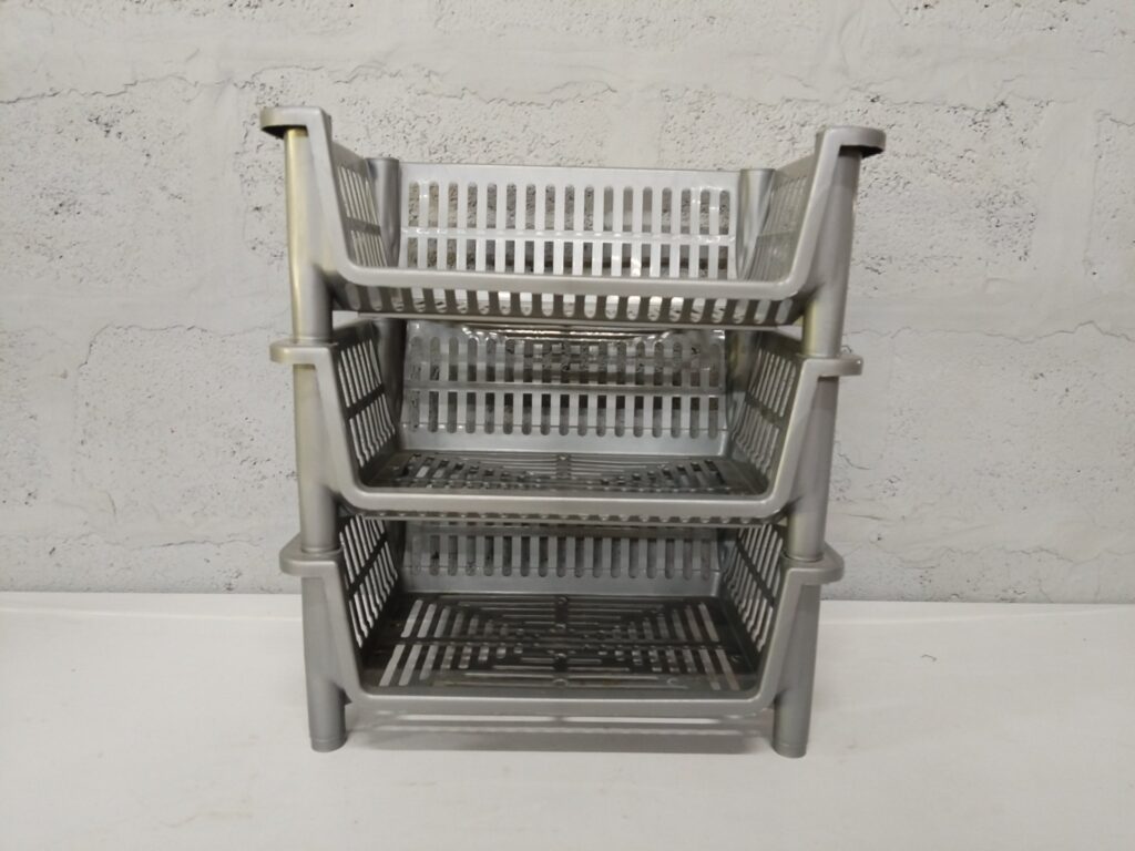 3‑Tier Stackable Plastic Storage Baskets / Organiser — Silver/Grey, 44 x 32 x 49 cm, used with chips & missing post(s)