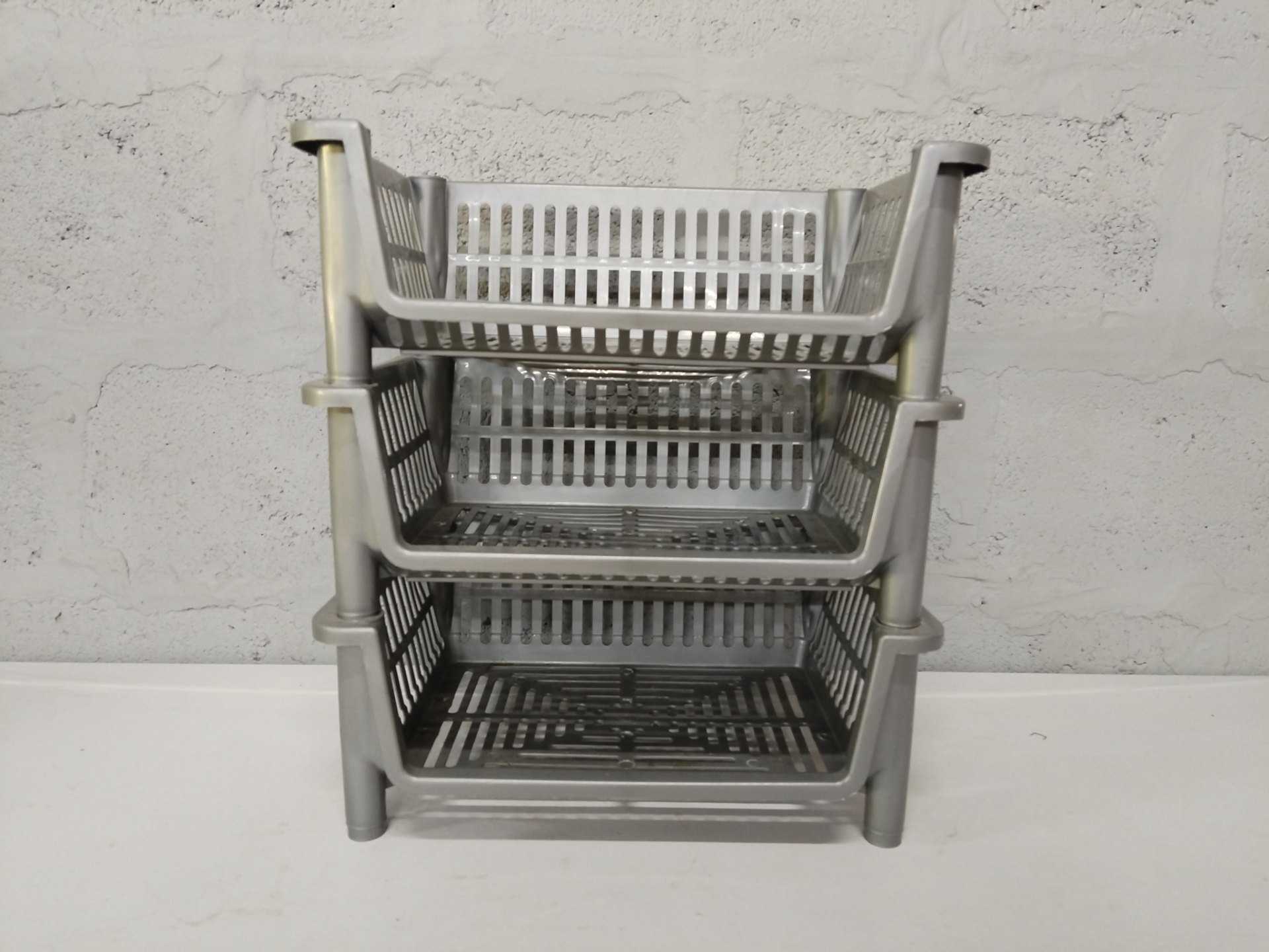 3‑Tier Stackable Plastic Storage Baskets / Organiser — Silver/Grey, 44 x 32 x 49 cm, used with chips & missing post(s)