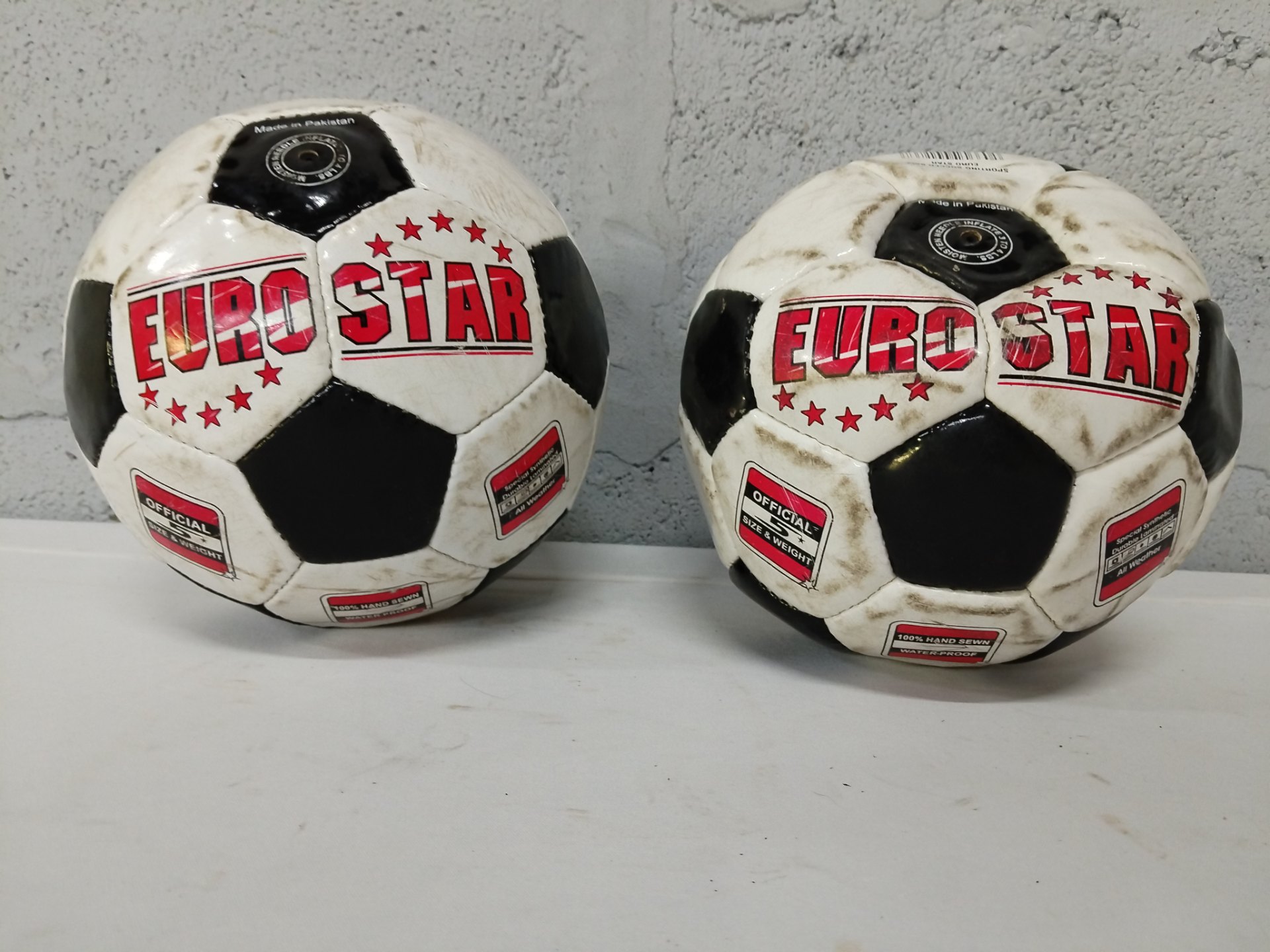 Pair of Euro Star Size 5 Footballs — Used, Inflated, Scuffed (Made in Pakistan)