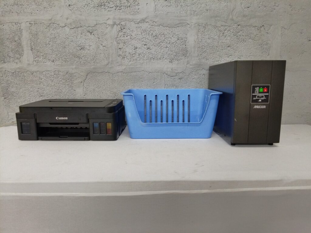 Canon PIXMA G3411 multifunction printer + Mecer UPS + blue plastic basket — mixed lot (not working)