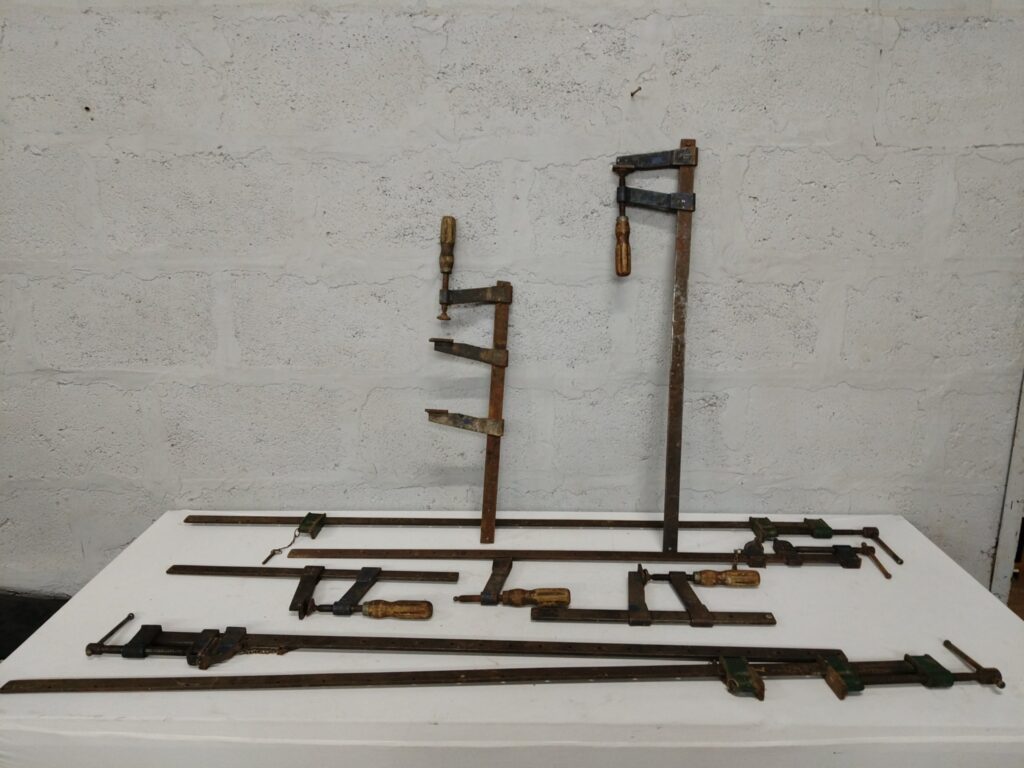 Lot of 8 Assorted Long Bar Clamps (RECORD-marked, longest 161 cm) – Well-used, Working