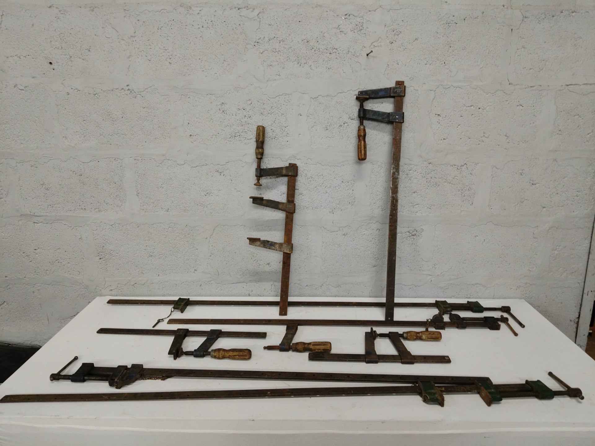 Lot of 8 Assorted Long Bar Clamps (RECORD-marked, longest 161 cm) – Well-used, Working