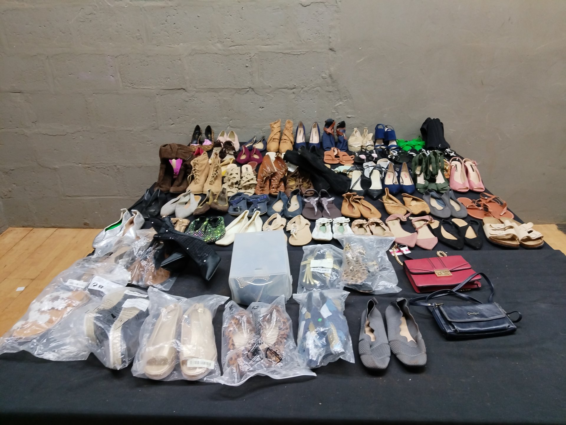 Mixed Lot — 47 Women’s Shoes & 2 Small Bags (Flats, Sandals, Heels, Boots) — Mixed New/Used, several pairs marked Size 5