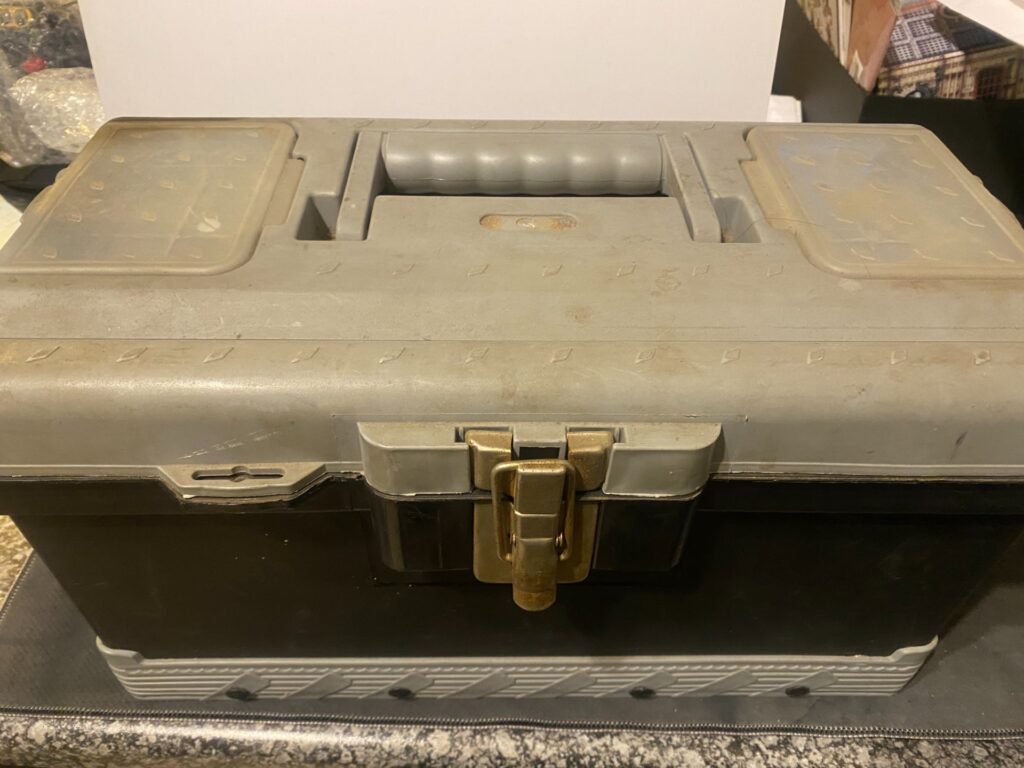 Mixed lot — 3 used protective/storage cases (plastic toolbox, black foam-lined hard case, aluminium tattoo supply case)