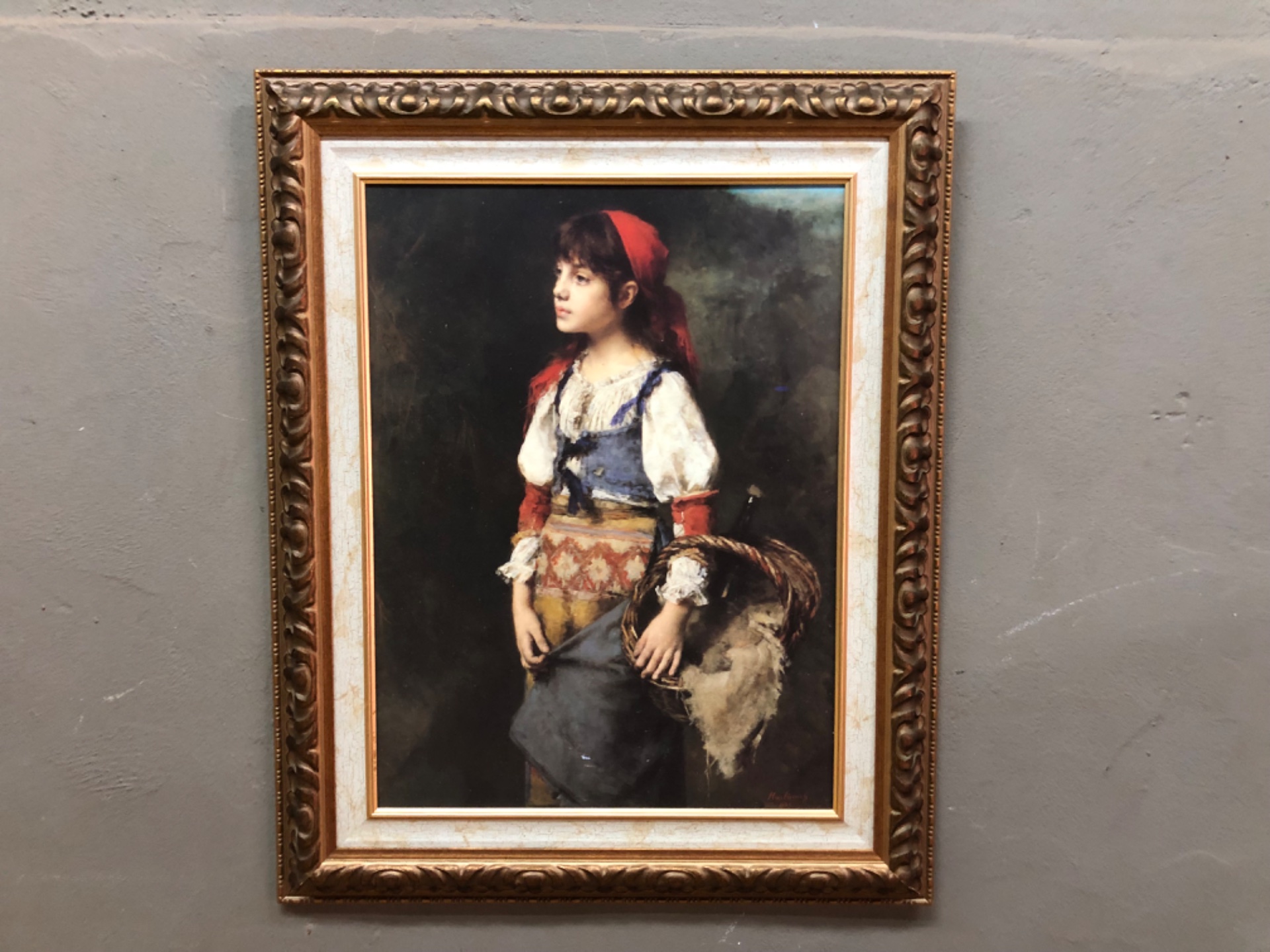 Framed signed portrait ‘Harlamoff 1865’ — young girl, decorative gilded frame (65 x 80 cm framed) (GLAZED PRINT – NOT ORIGINAL)
