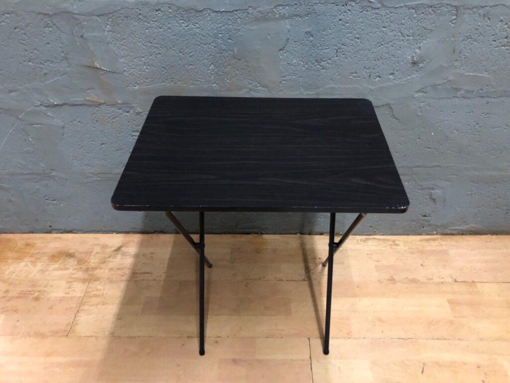 Compact Folding Side Table — Dark Laminate Top, Hairpin Metal Legs, Folds & Locks