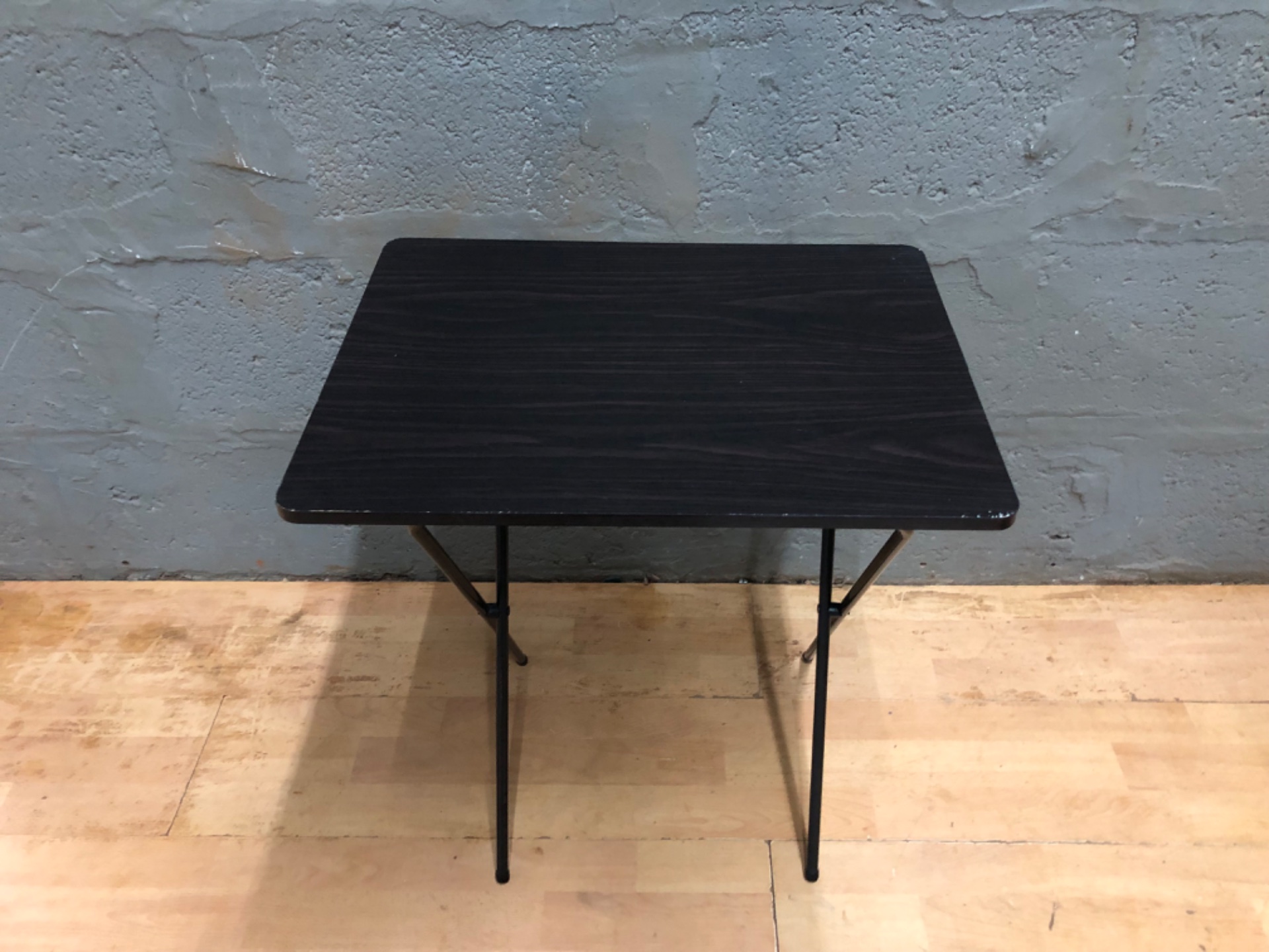 Compact Folding Side Table — Dark Laminate Top, Hairpin Metal Legs, Folds & Locks