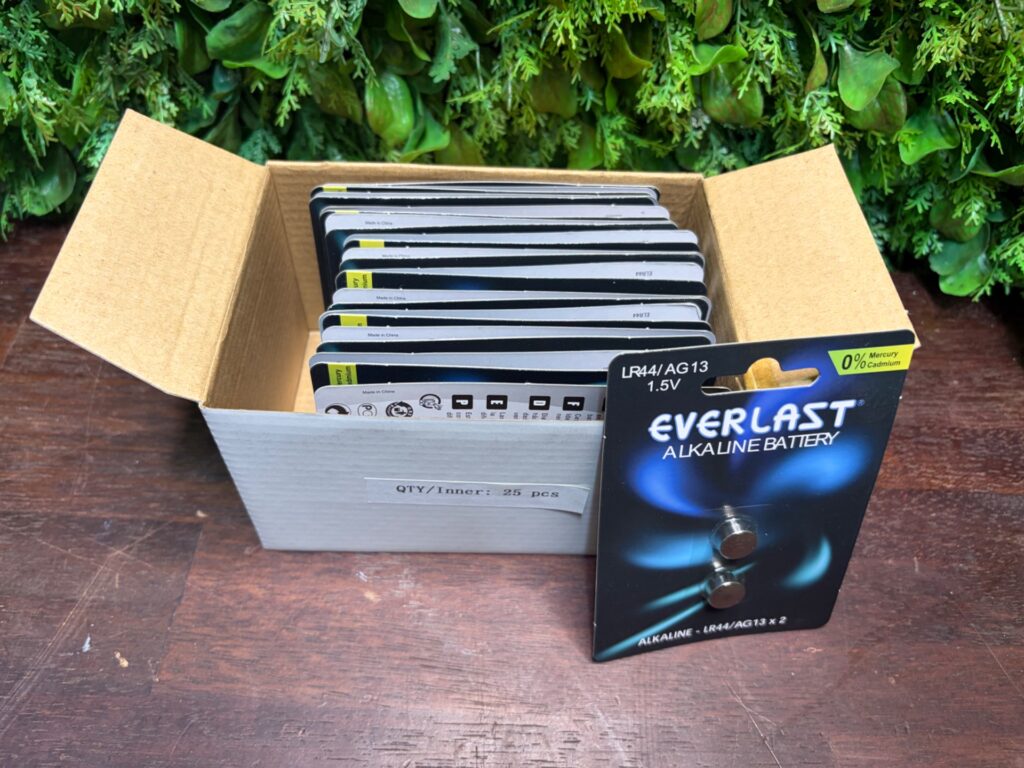 Everlast LR44 / AG13 1.5V button cell batteries — 25 sealed blister packs (50 cells)