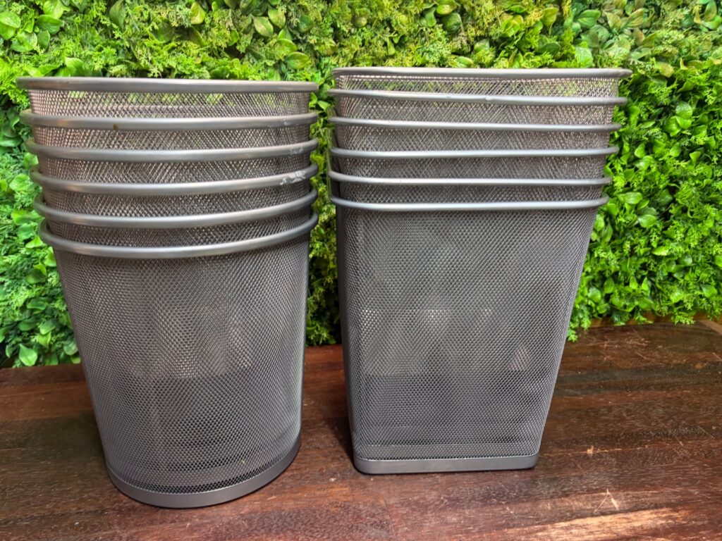 Lot of 12 Metal Mesh Wastepaper Bins / Pen Pots – Mixed Round & Square, Used (Fair)