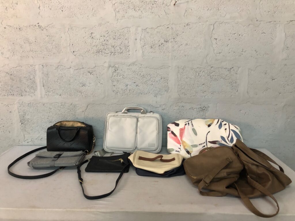 Lot of 7 assorted handbags, crossbody & tote bags – mixed colours and materials, good used condition