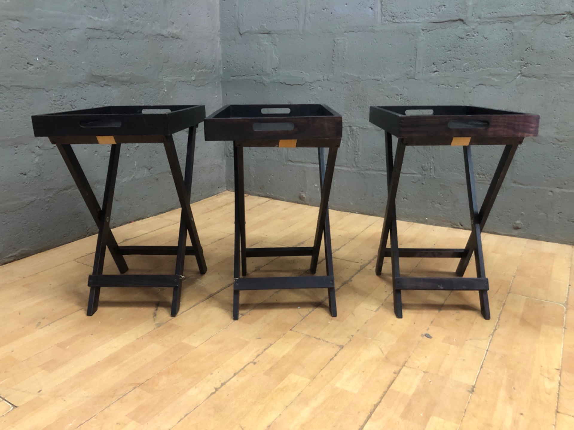 Set of 3 Folding Tray Tables — Dark Wood X‑Frame Occasional / Serving Tables