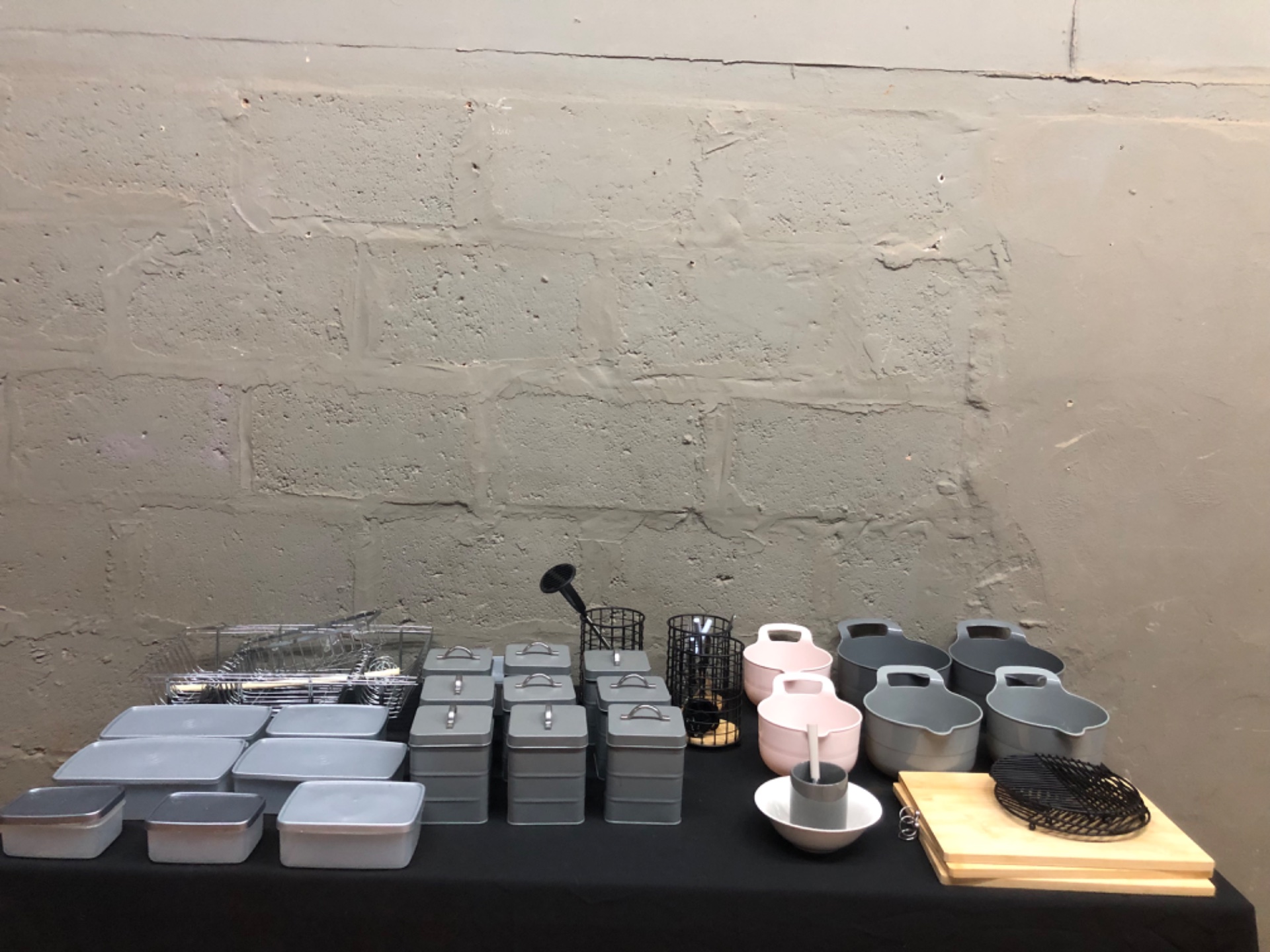 Mixed kitchen storage & utensils bulk lot — 38 pieces (tins, lidded boxes, bowls, racks, boards) — used, clean