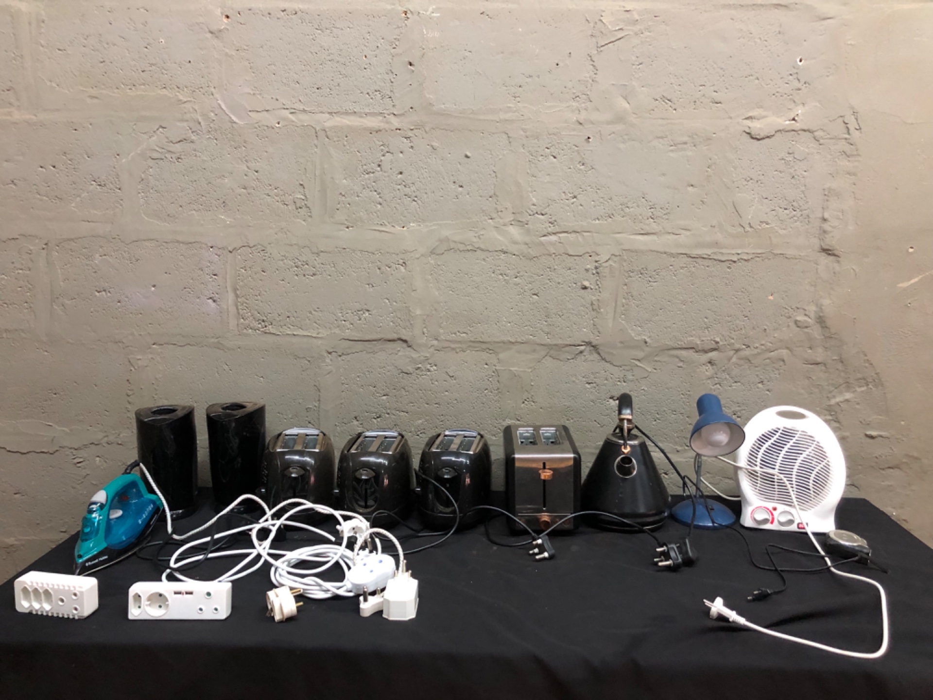 Mixed Lot: 10 Small Household Electricals — 4 Toasters, Russell Hobbs Kettle, Iron, Fan Heater, Lamp & Cords