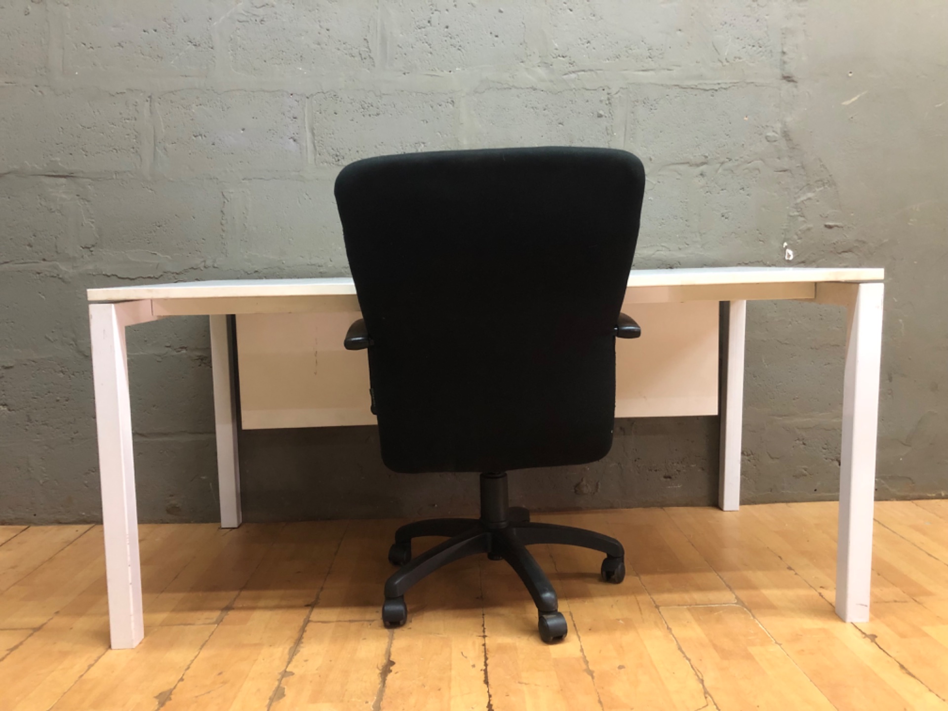 White 160x80cm Office Desk + Black Fabric Swivel Chair — Adjustable, Used
