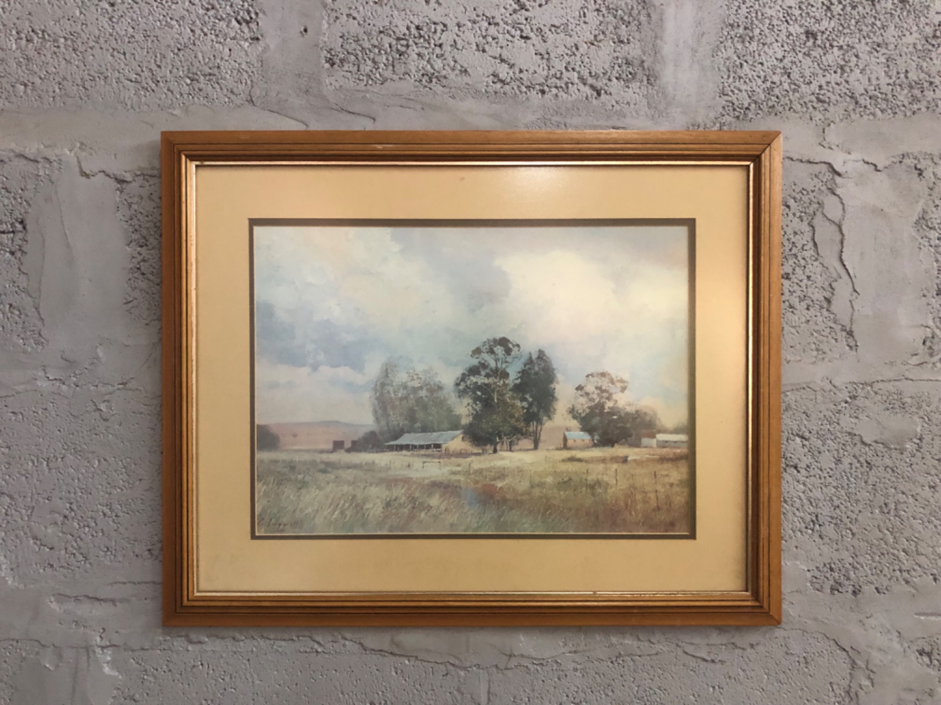 Framed signed landscape painting — double-matted, glass cover (overall 69 x 54 cm)