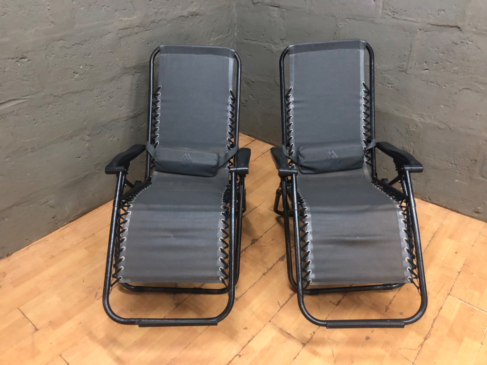 Pair of ANVICOR Zero‑Gravity / Reclining Outdoor Lounge Chairs — Grey Sling with Headrests