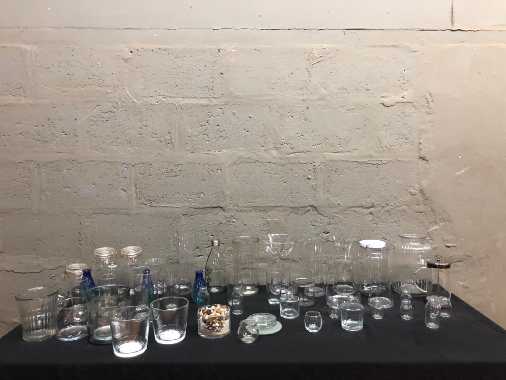 Lot of 54 Mixed Clear Glassware — Vases, Jars, Bottles & French Press (Used, All Lids Included)