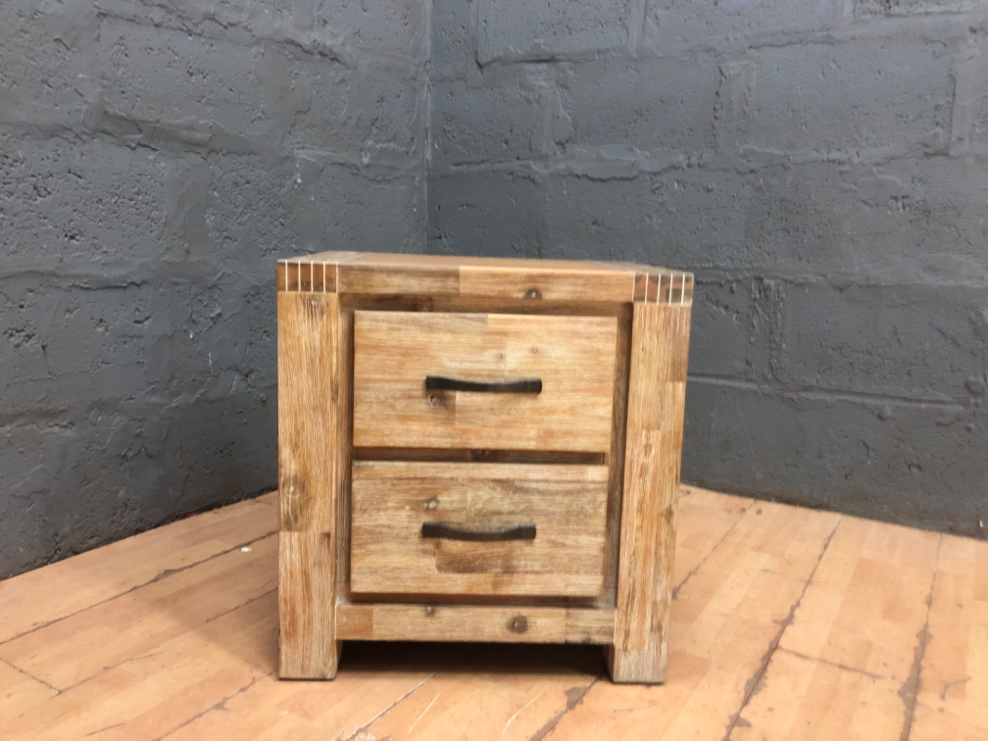 Rustic Handmade 3‑front Bedside Cabinet / 2 Tested Drawers — Solid Timber Top, Distressed Finish