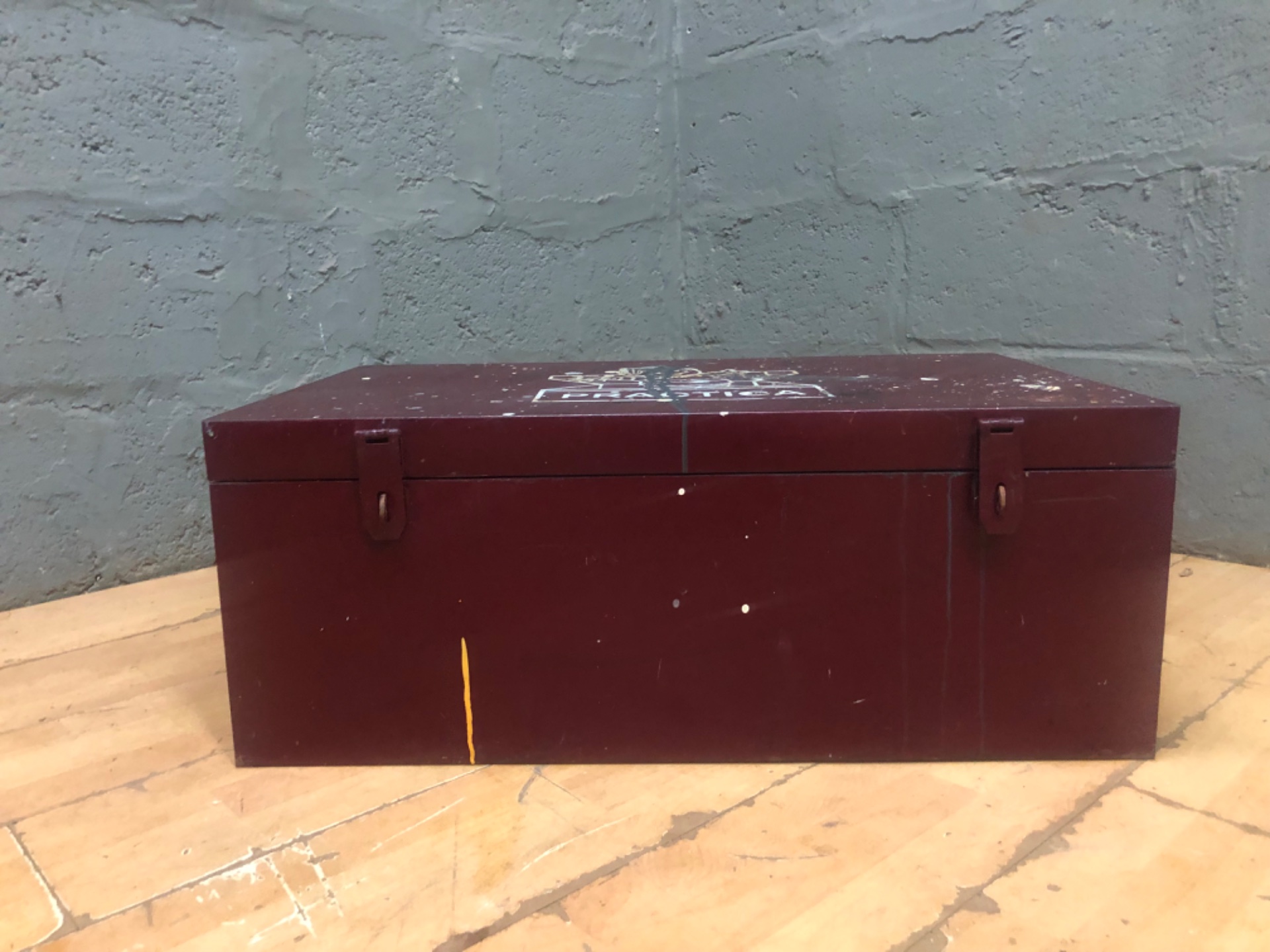 Maroon PRACTICA Metal Toolbox / Storage Chest – paint-splattered, working lid & latches