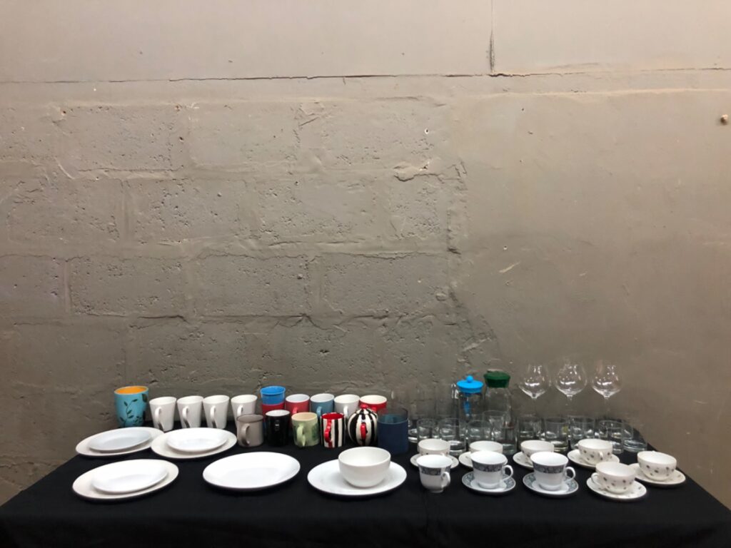 Lot of 68 Mixed Tableware & Glasses — Plates, Bowls, Cups, Saucers, Mugs, Tumblers, Wine Glasses (Assorted, Used)