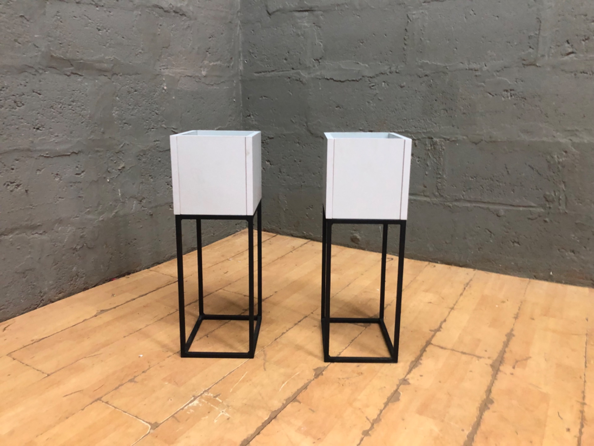 Pair of White Box Planters on Black Metal Stands – Modern Tall Plant Stands (2)