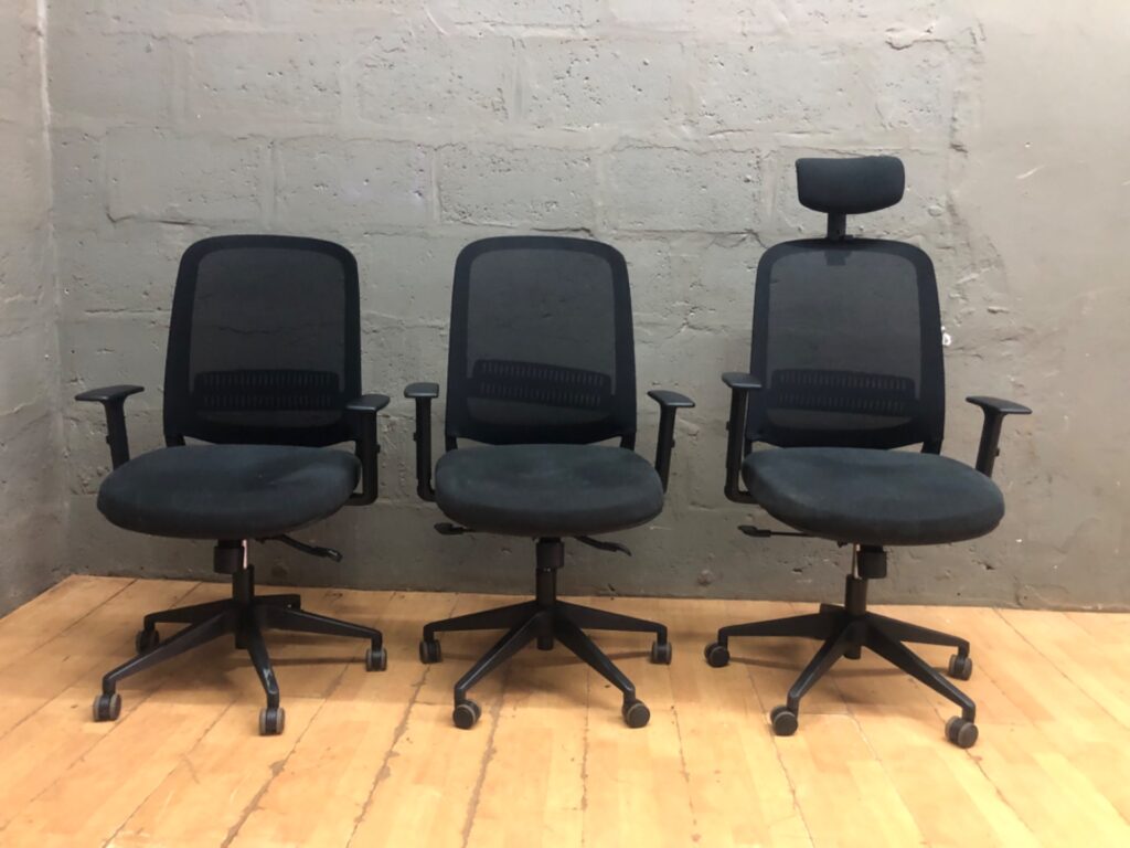 Lot: Set of 3 Black Mesh Office Task Chairs — one with headrest, adjustable, castors