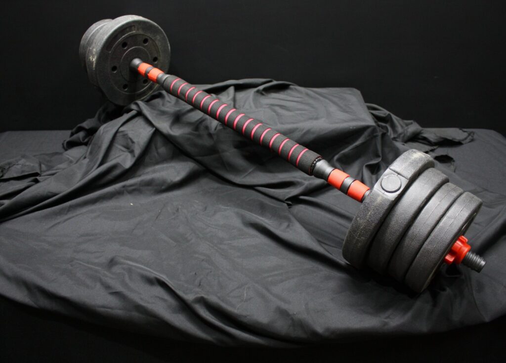 Adjustable Barbell Set (Long Bar) — Removable Plastic-Coated Plates, Red Spin-Lock Collars — Used