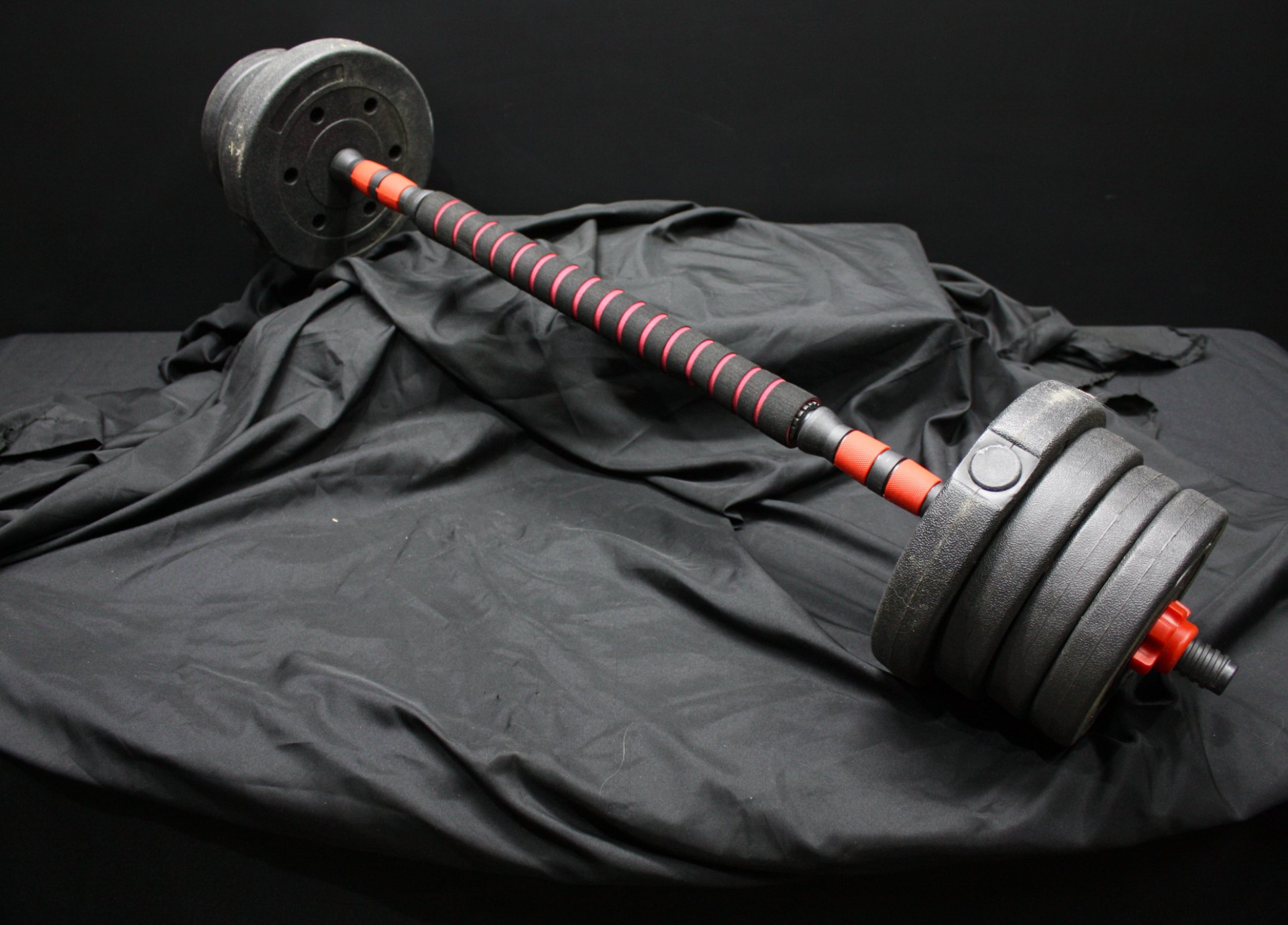 Adjustable Barbell Set (Long Bar) — Removable Plastic-Coated Plates, Red Spin-Lock Collars — Used