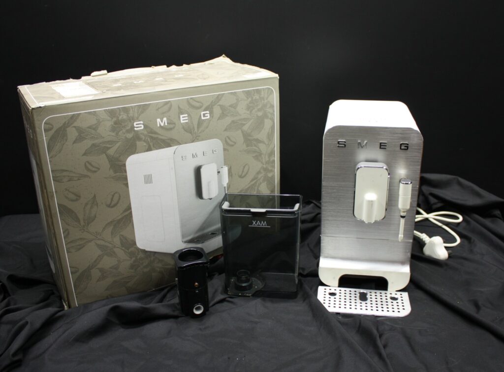 SMEG Bean‑to‑Cup Espresso Machine — White/Silver, boxed, accessories, UNTESTED