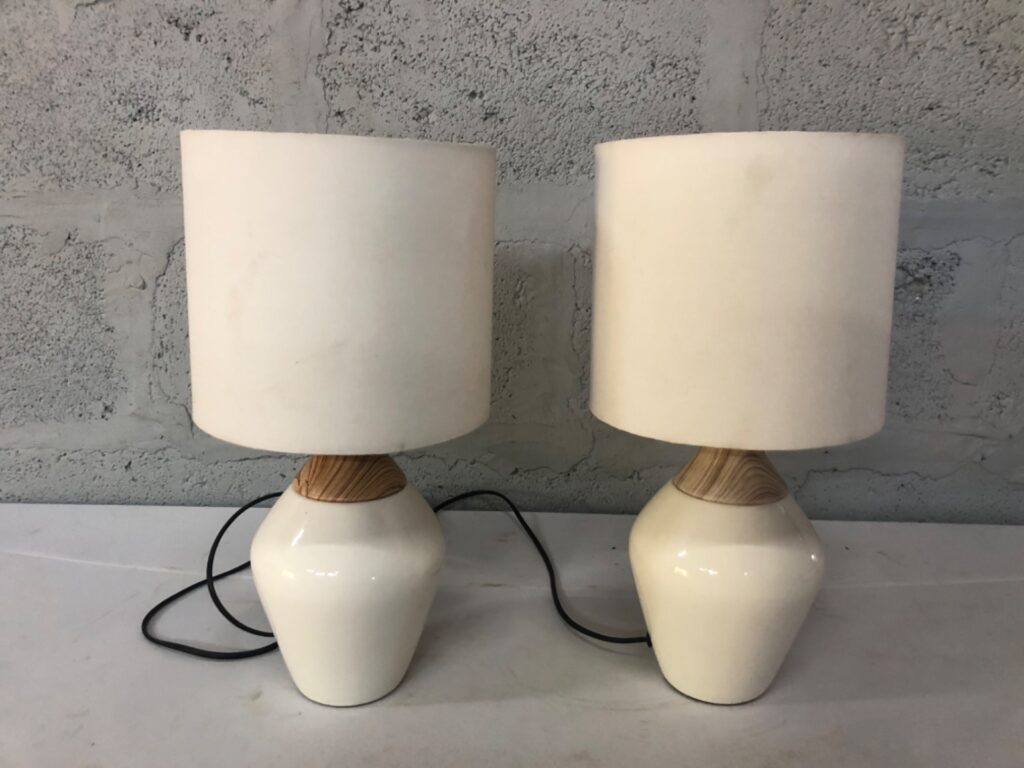 Pair of Ceramic Table Lamps with Wood-look Necks & Fabric Shades — Working