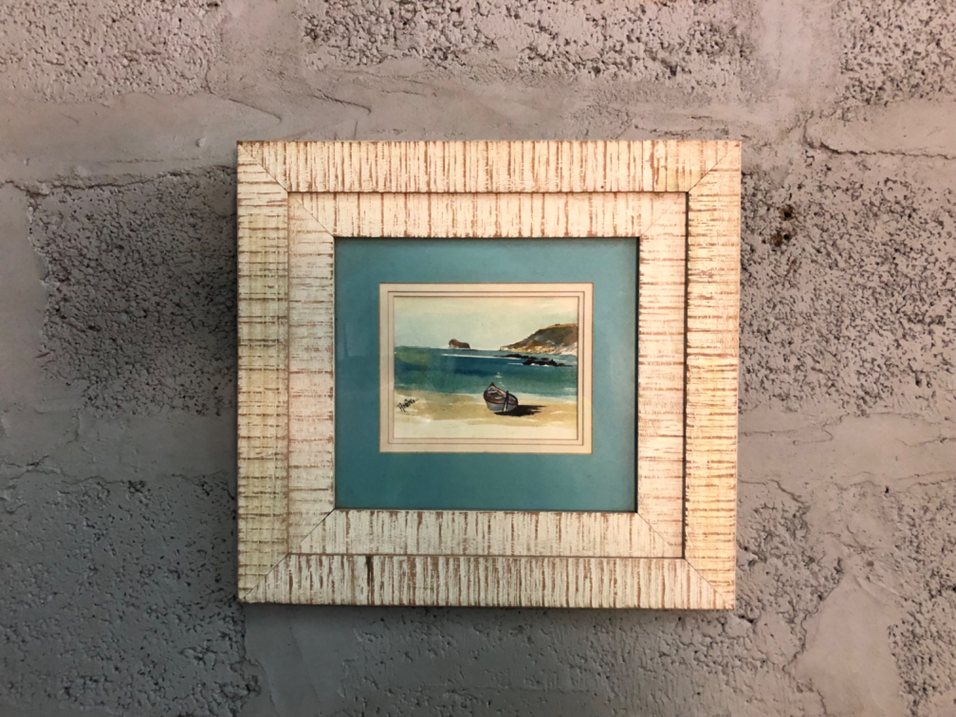 Framed signed seascape (signed ‘Aneng’) — distressed white wood frame, 40 x 38 cm