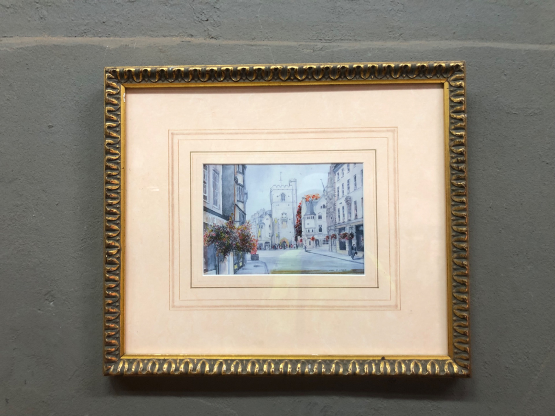 Framed signed street‑scene watercolour — gilt moulded frame, 44 x 38 cm (framed)