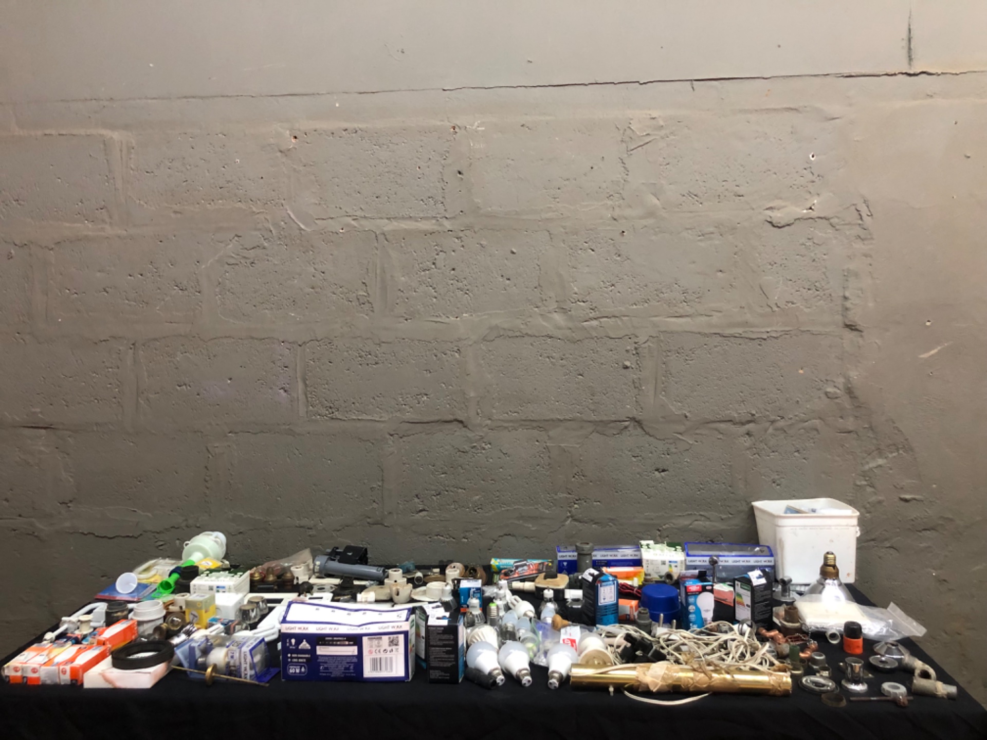 Bulk Lot: Assorted Light Bulbs, Lamp-holders, Switches & Small Electrical/Plumbing Fittings — Mixed Used Condition