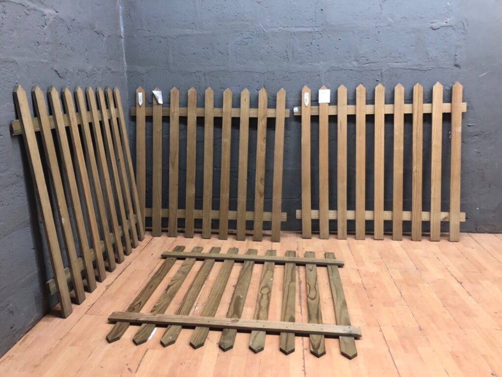 Wildways pressure-treated picket fence sections — 4 x 1200 x 1200mm panels (used, one panel damaged)