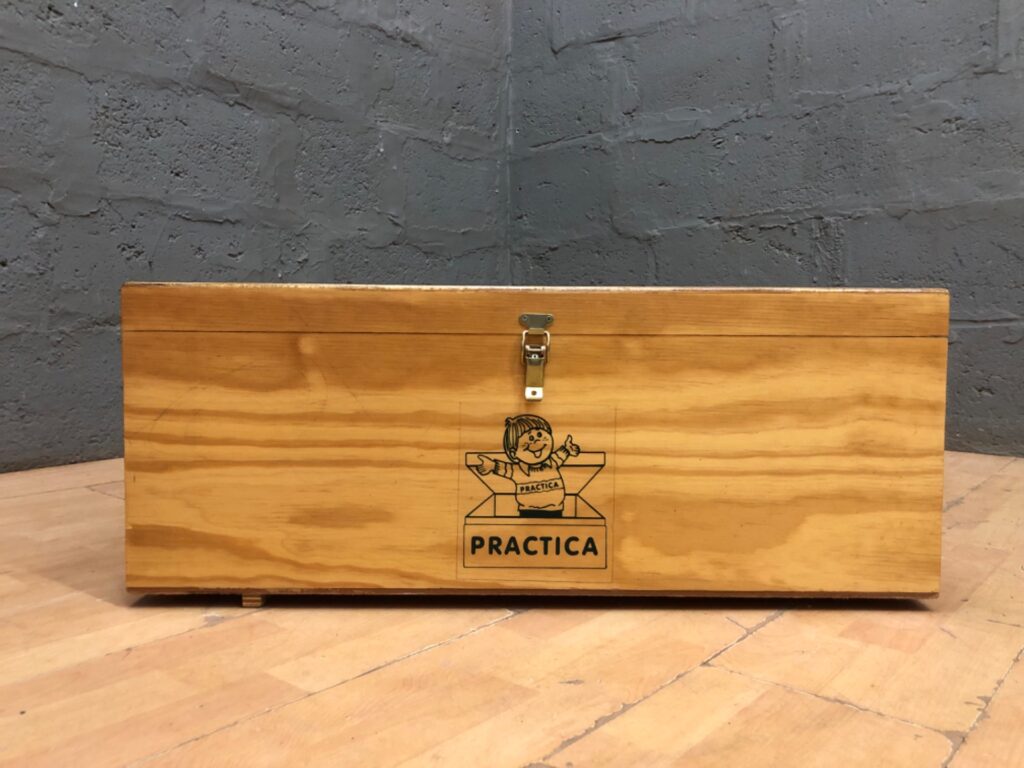 PRACTICA Branded Wooden Tool / Storage Box — Plywood Chest with Recessed Handles & Latch (80 x 49 x 32 cm)