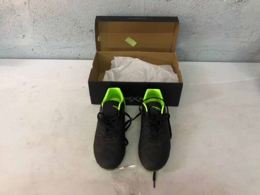 Maxed studded football boots — neon green soleplate, size 6, original box & spare studs