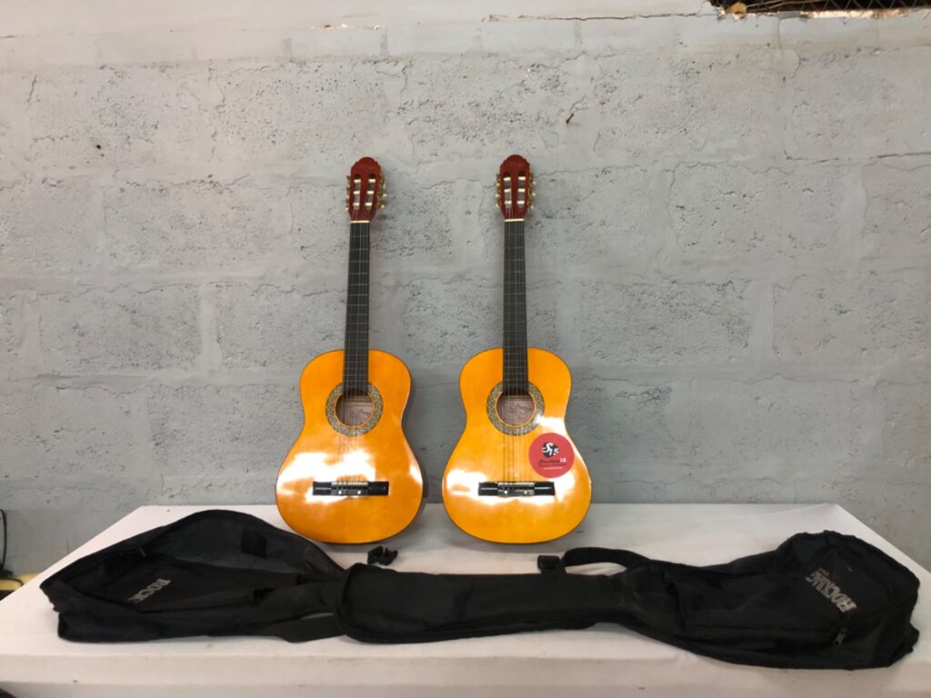Pair of Santa Fe 3/4 classical (nylon) guitars — student size, tested playable; RockBag + 2 RockTuner CT7s
