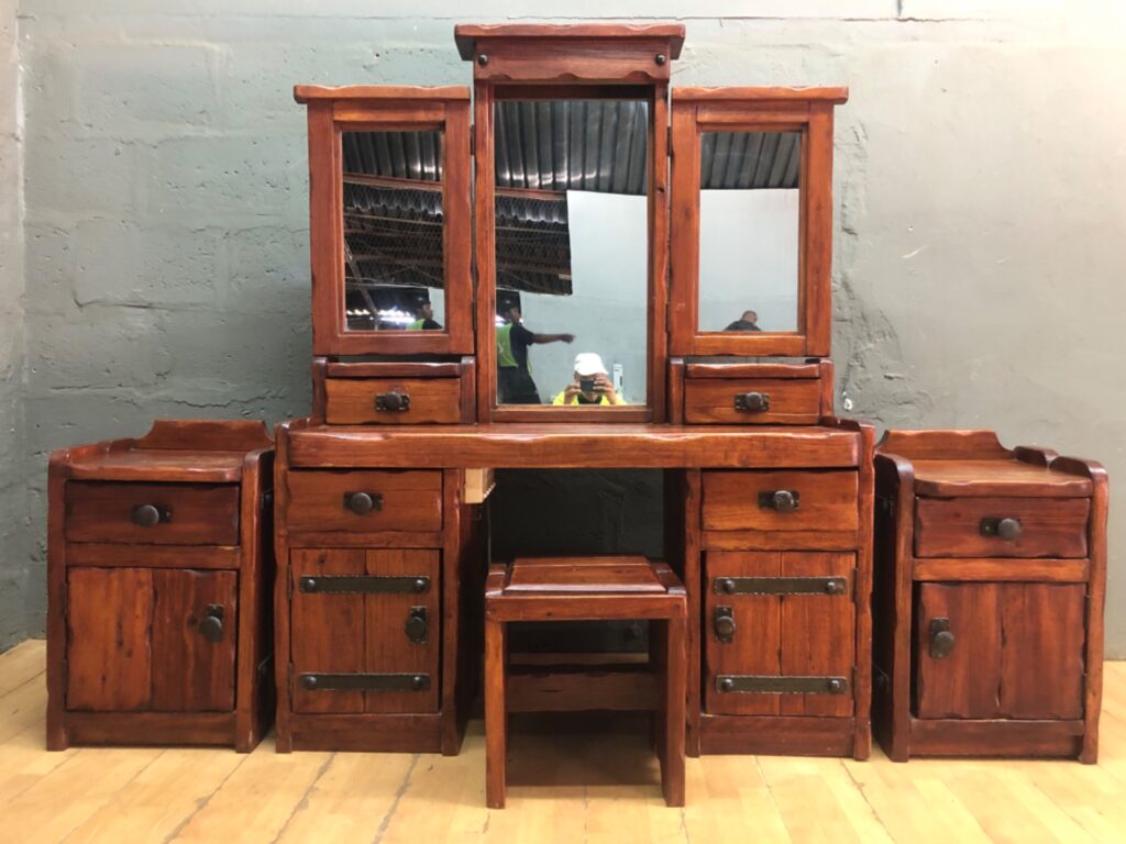 Solid wooden dressing table / vanity with triple mirrors and matching stool — complete set