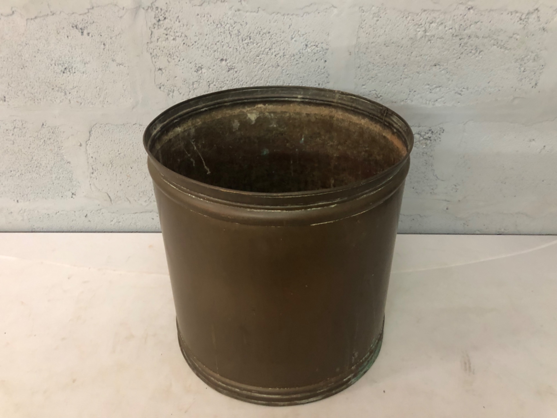 Large Brass Cylindrical Planter / Container — 44 × 44 cm, Watertight, Patinated